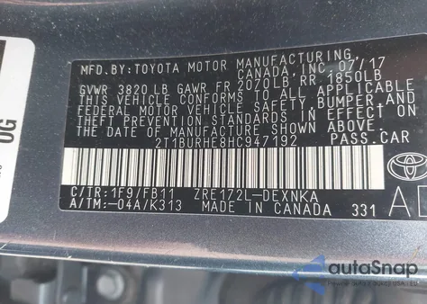 2017 Toyota Corolla Le из США, поврежденный, VIN 2T1BURHE8HC947192